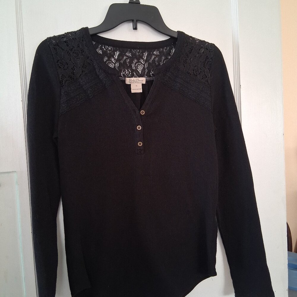 size S Lucky Brand black  henley with lace inset across top and shoulders